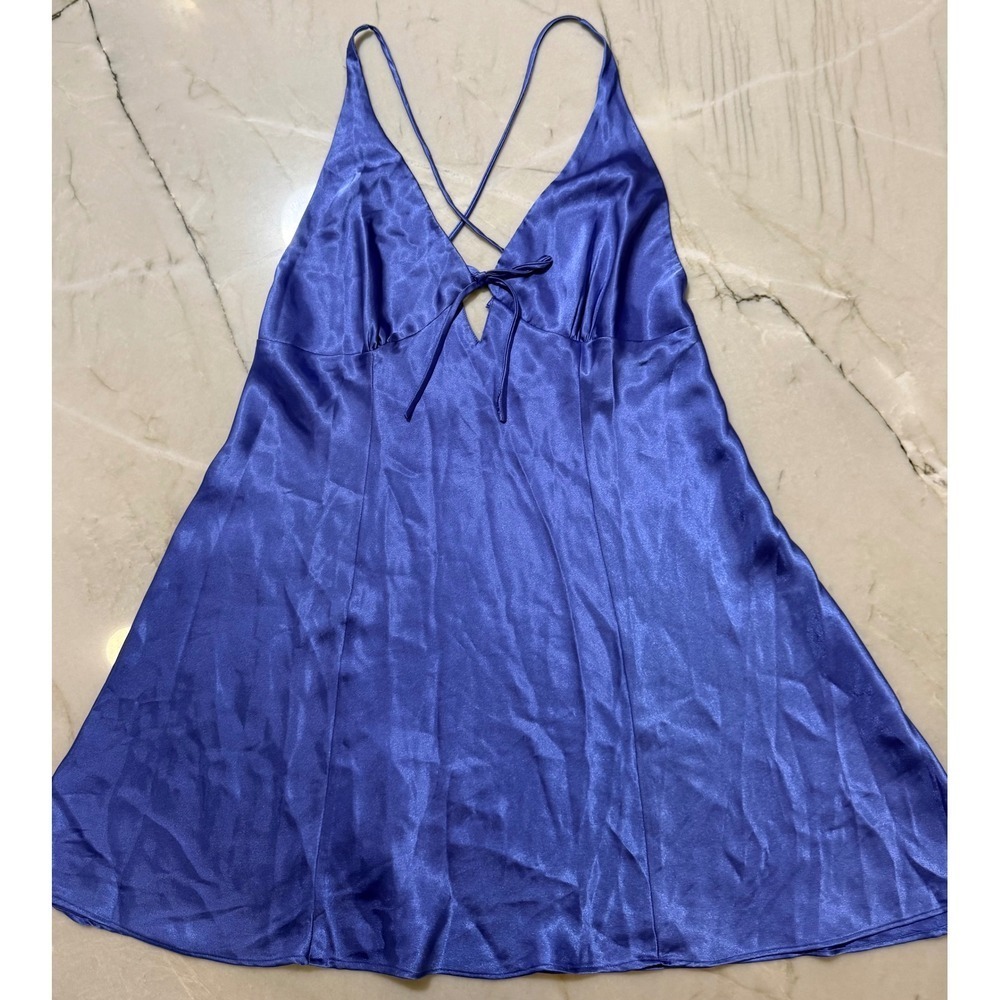 Fredericks of Hollywood Blue Satin Chemise Strappy Back Slip Dress Y2K Large 166